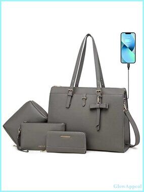 Large PU Leather Laptop Tote Bag with USB Charging Port Satchel Handbag